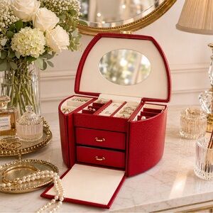 Vintage Wolf Designs Red Jewelry Travel Case with Mirror